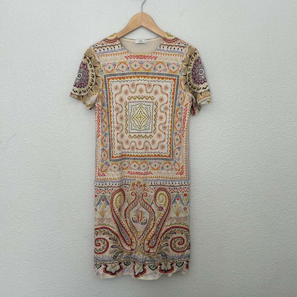 Etro Milan Dress Silk Short Sleeve Scoop Neck Shift Dress Made in Italy